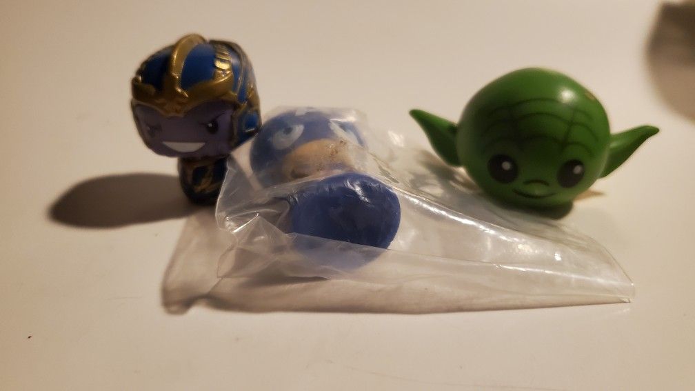 3 Small Cute Toy Figurines: Happy Baby Yoda Head, Thanos, Captain America