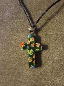 Handmade Green Floral Cross Pendant with Lace Strap Necklace
