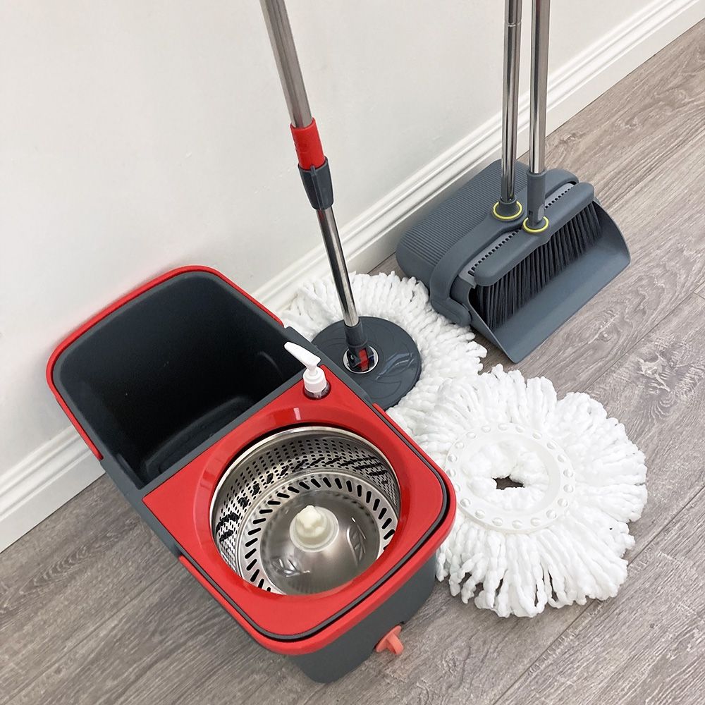 New $30 (Combo Set) Broom Dustpan and Spin Mop Extended Handle w/ 2pc Microfiber Replacements