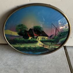 Antique Protruding Convex Bubble Glass Brass Frame with Reverse Painting 