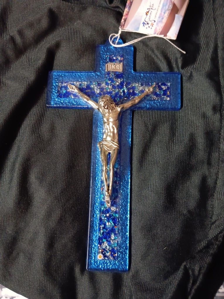 Italy Murano Glass Blue Color Wall Crucific