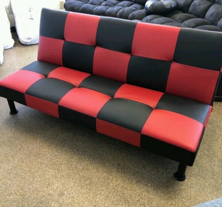 Brand New Black & Red Leather Checkered Tufted Futon