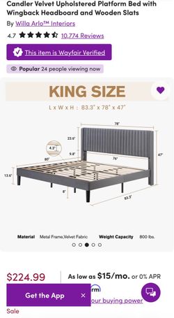 Candler Velvet Upholstered Platform Bed with Wingback Headboard and Wooden Slats - Grey Velvet