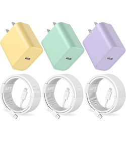 Fast Charging 6ft USB Type C Lightning Cable + Wall Adapter (3 Pack)