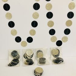 NEW Chloe Elizabeth Circle Dots Paper Party Garland Streamer Backdrop (10 Feet Long) - Black, Gold Glitter