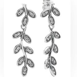Pandora Silver Sparkling Leaves Drop Stud CZ Earrings
