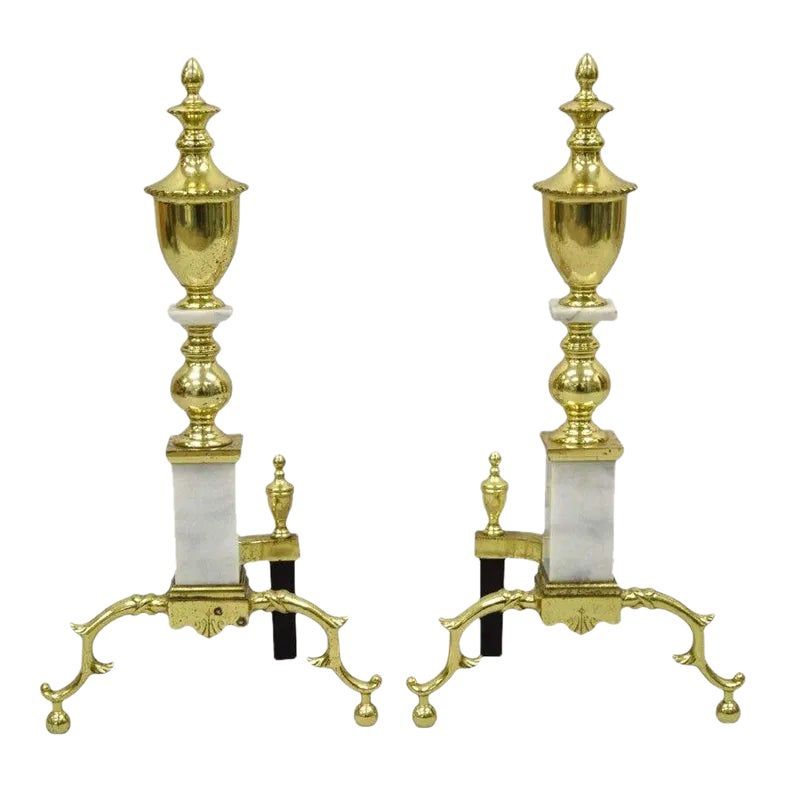 MCM antique brass Marble andirons Federal Style Pair of fireplace fire dogs
