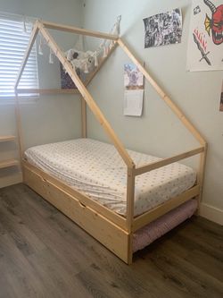 Kids House Floor Bed Frame with Trundle