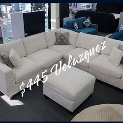 
✅️"4 pc  Ivory  corduroy fabric sectional sofa with rounded arms and ottoman"✅️✅️