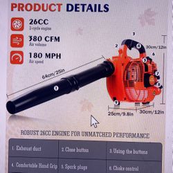 Handheld Gas Leaf Blower 26 Cc Two Cycle 380 Cfm 180 MPH