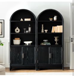 2Pc 71" Tall Farmhouse arched bookcase, Arch Kitchen Pantry Storage Cabinet with Adjustable Open Shelves