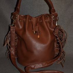 BCBG Paris Mocha Fringe Vegan Leather Purse Handbag 