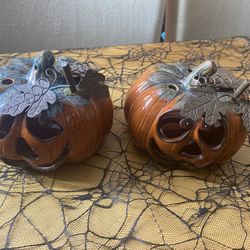 Halloween pumpkin tea light Candle ceramic Set Of 2 $10