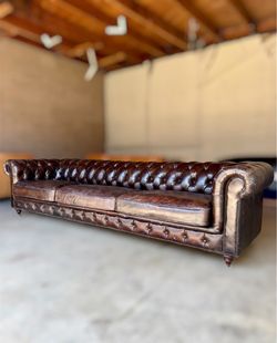 Classic Long Length 118” Chesterfield Vintage Leather Sofa Delivery Available