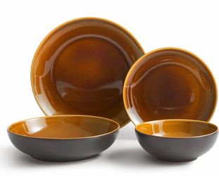 New in box Sango Denyer 16-Piece Stoneware Dinnerware Set with Round Plates and Bowls, Amber