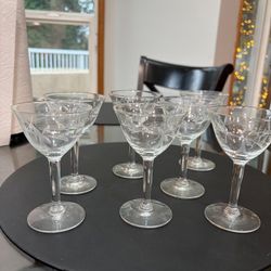 Seven Vintage French Aperitif Glasses - Etched Art Deco Goblets 