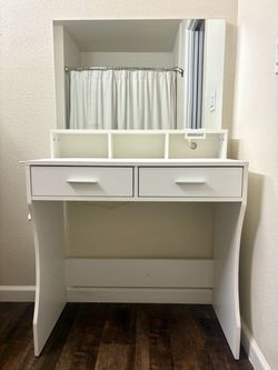 White Vanity Desk with Mirror and Drawers