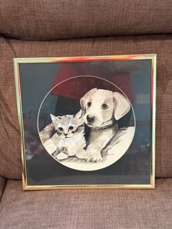 Pre Owned Vintage Remarkable PUPPY & KITTEN LITHOGRAPH PRINT IN A CIRCULAR FRAME