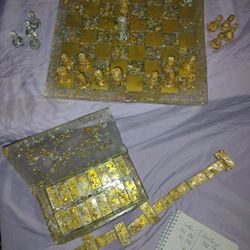 Silver And Gold Custom Hand Painted Epoxy Resin Matching Chess Set And Domino's Set Storage Box Plus Matching Pin