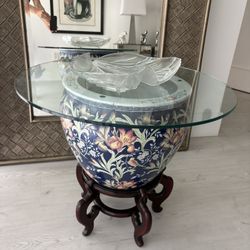 Beautiful Large Asian Chinese Chinoiserie Koi Fish Planter Table On Wooden Pedestal Stand. Fabulous. Use As Pot For Tree Or As A Side Or End Table. 