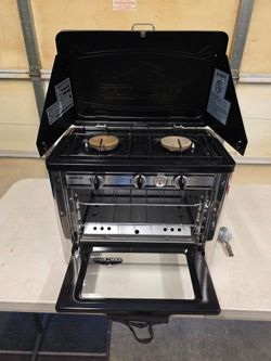 Camp chef propane camping oven and two burner stove top