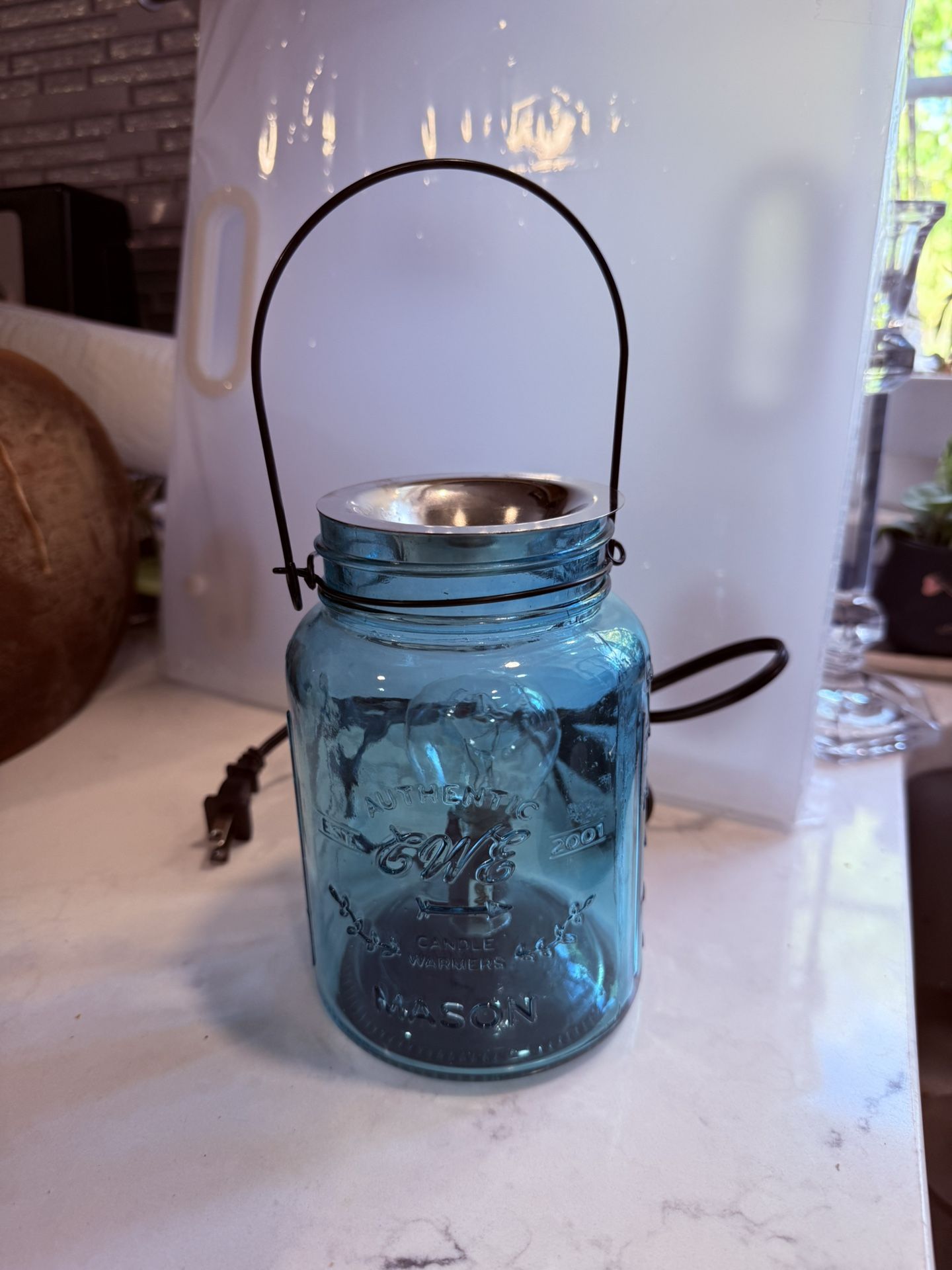 Blue Glass Mason Jar Electric Wax / Oil Warmer - Beautiful Glow !