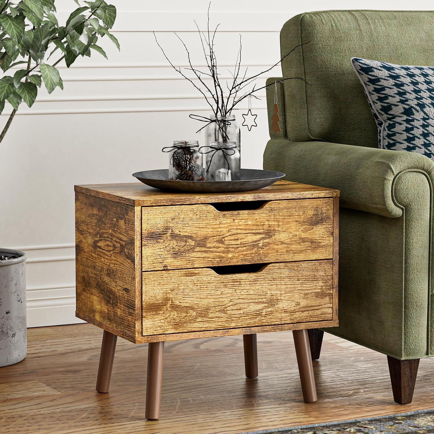 Nightstand with 2 Drawers And Charger Station, Side Table,Bedside Table with USB Ports and Outlets, Mid Century Modern End Table with Storage