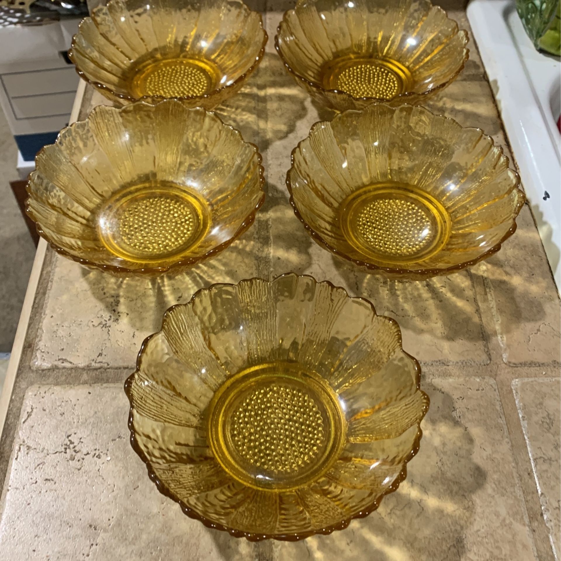 5 Vintage 1960's Indiana Glass Bowls- Amber Sunflower Mid Century Bowls 6.5”