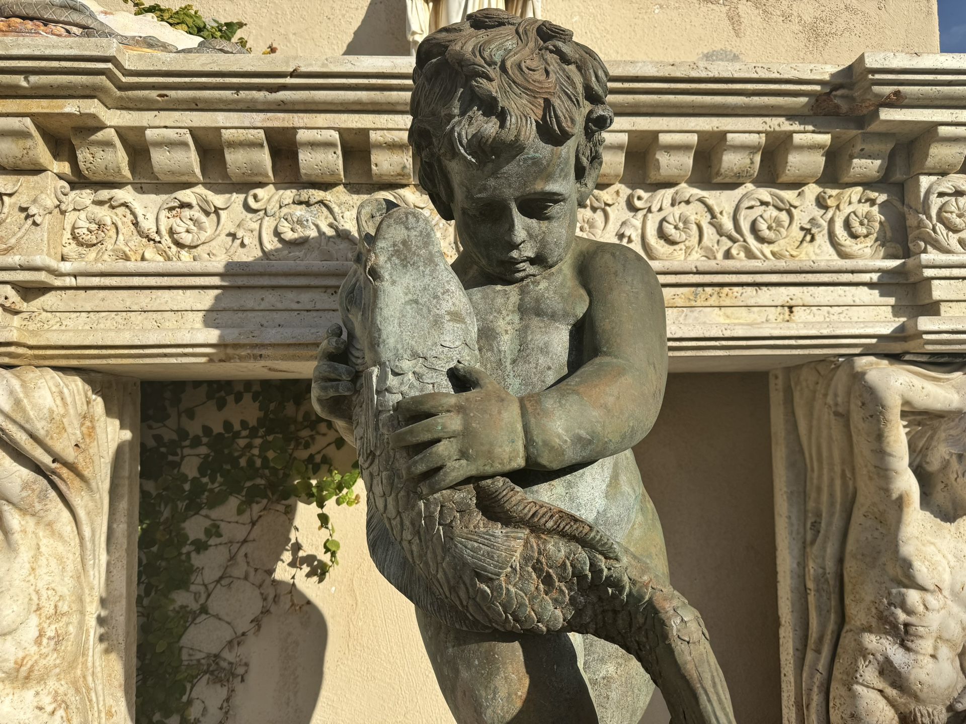 Antique Bronze Garden Fountain With Boy Sculpture Holding Koi Fish C.1870