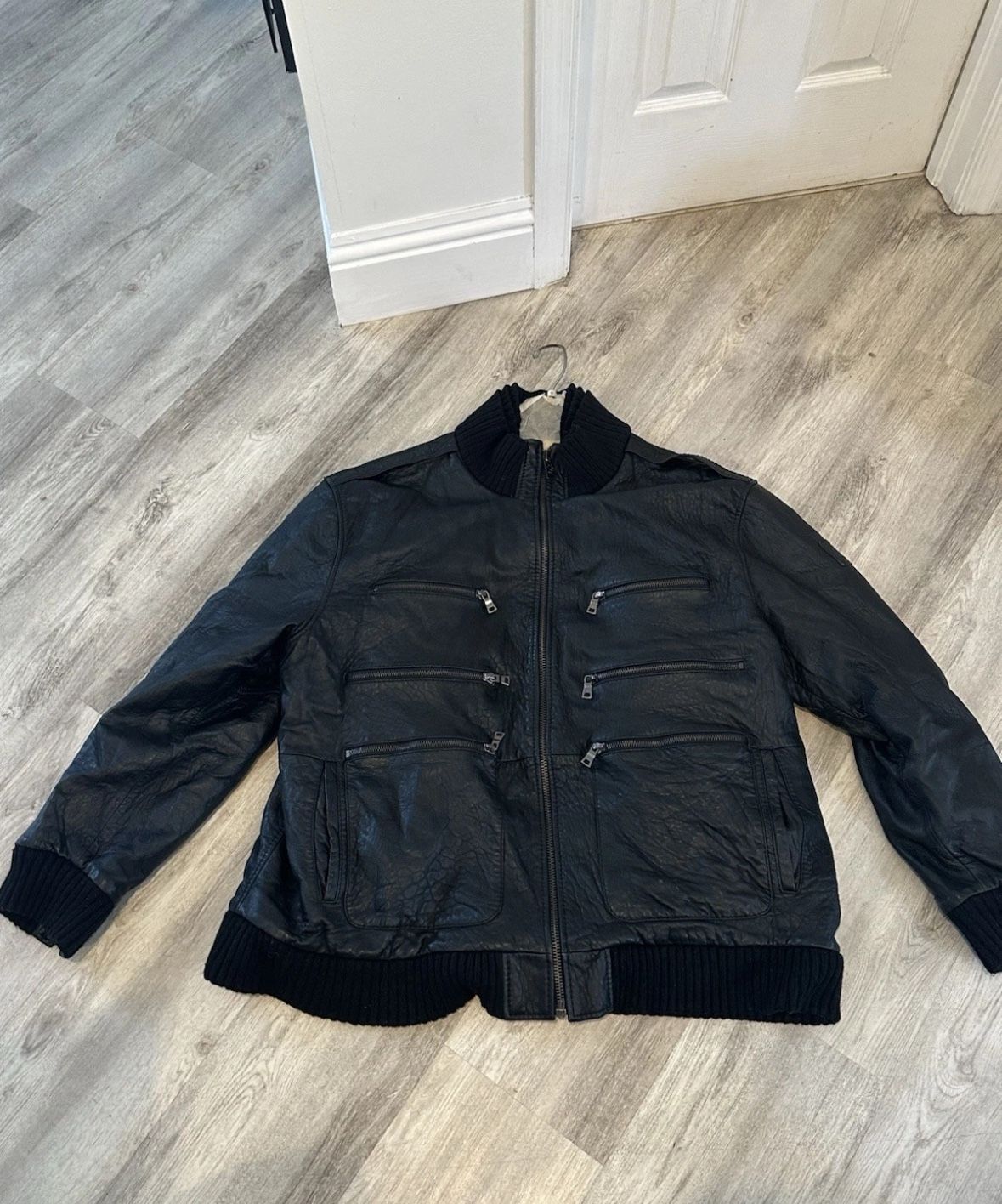 Schott Black Leather Motorcycle Jacket Coat 6 Pocket Sweater Collar Size 4XL