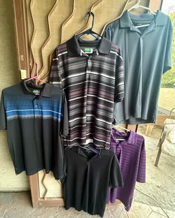 Men’s Dry fit Polo shirts etc $5 each these and tons more men’s clothes sizes Lg and XL