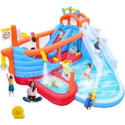 9 in1 Inflatable Slide Water Park Jump Area Dual Slides Climbing Wall Anchor Ring Toss Basketball Hoop Dual Water Guns Shallow and Bathing Poolsfor Ki