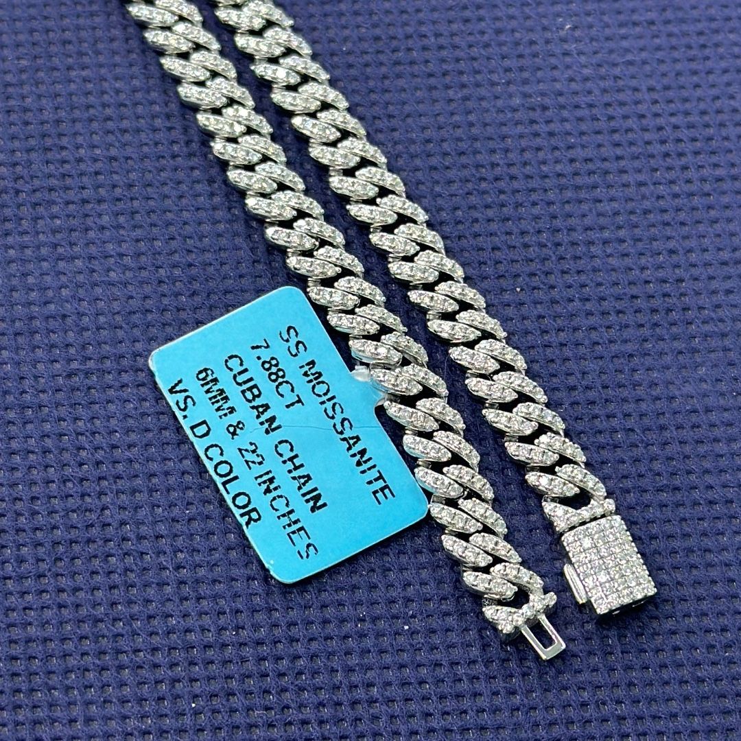 Sterling Silver Moissanite 6mm Cuban Chain 