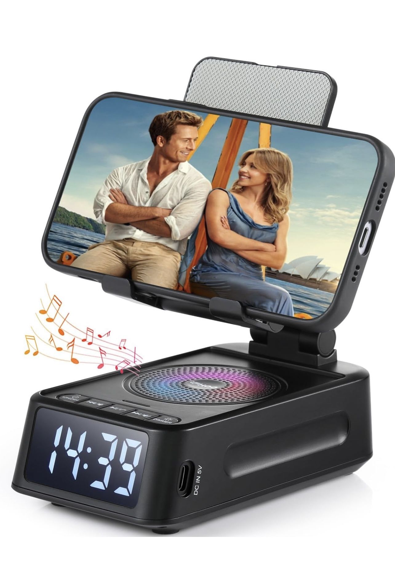 Cell Phone Stand with Bluetooth Speaker and Clock—brand New