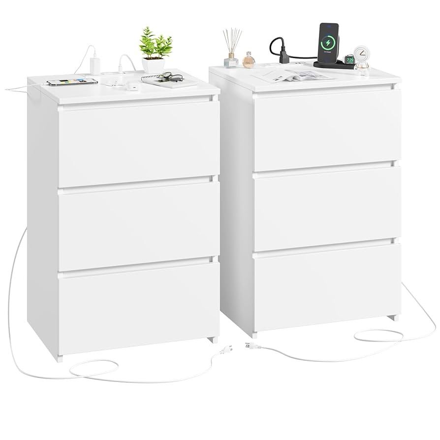 E255 White Nightstand Set of 2, 26" H White Night Stand with Charging Station, Nightstand Set 2 with USB Ports & Power Outlets, Silent Slides, W