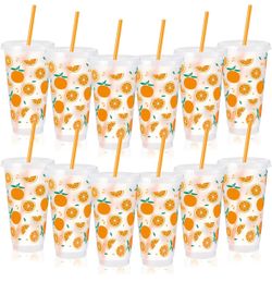 Orange Print Plastic Cups with Lids and Straws