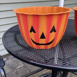 2 Hard Plastic Pumpkin Face Planters 12” D 8” H