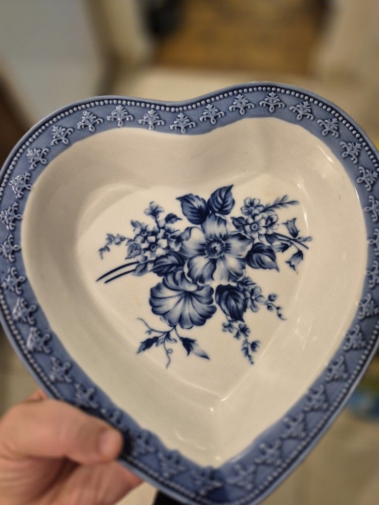 Vintage Heart-Shaped Blue & White Ceramic Dish