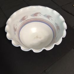 Vintage Stoneware 1992 Decorative 15” Wide 7 1/2” Tall Glazed Mixing Bowl w/ a Ruffled Lip