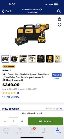 DEWALT XR 20-volt Max Variable Speed Brushless 1/2-in Drive Cordless Impact Wrench (Battery Included)