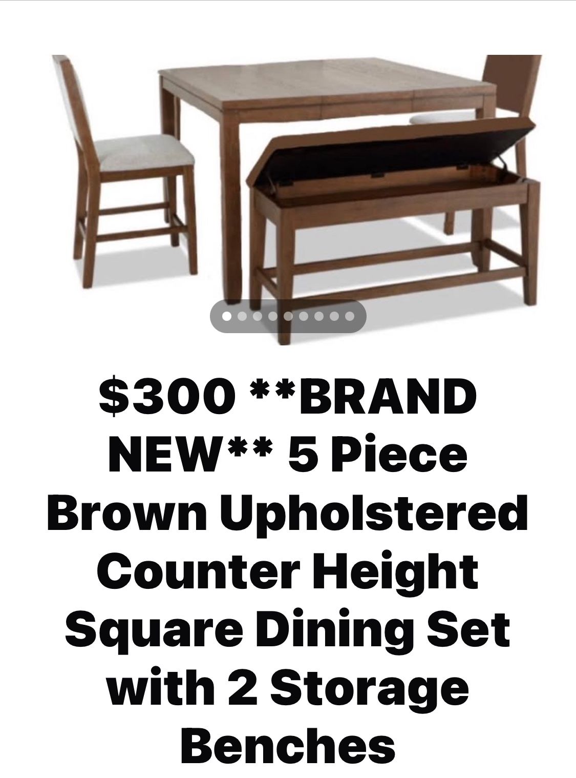 $300 (NEW) 5 Piece Brown Upholstered Counter Height Square Dining Set with Storage Benches