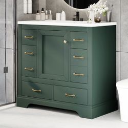 Assembled New Solid Wood Frame 36" Vanity Bathroom Cabinet with Sink Top, Six Multi-Functional Drawers, Adjustable Shelf