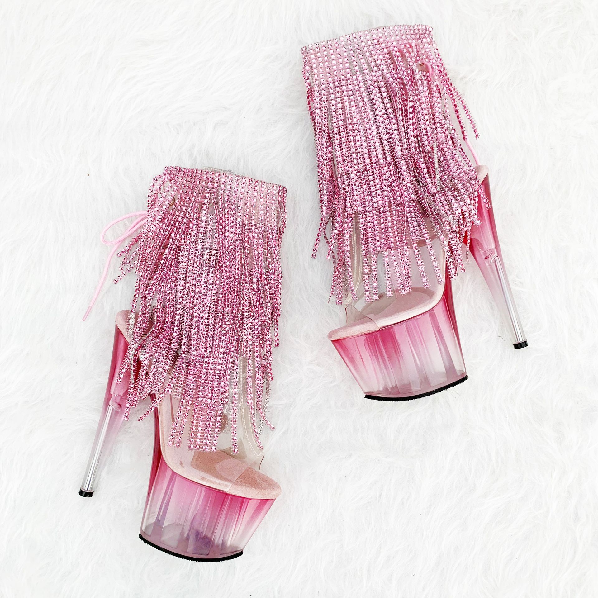 NWOT PLEASER Pink Ombré Exotic Rhinestone Fringe Platform Ankle Booties