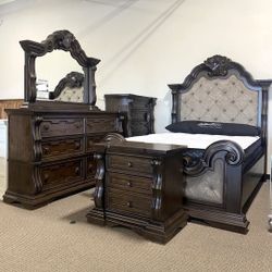 ♥️Valentine's Day SaleMAYLEE KING UPHOLSTERED BED WITH DRESSER AND NIGHTSTAND IN DARK BROWN
