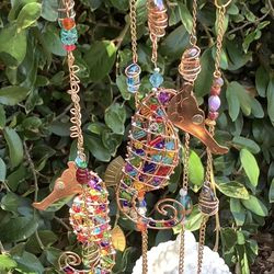 Gorgeous Glass Rocks & Beads Sea Horse Wind Chime Sun Catcher Mobile - Handmade, One Of A Kind! 