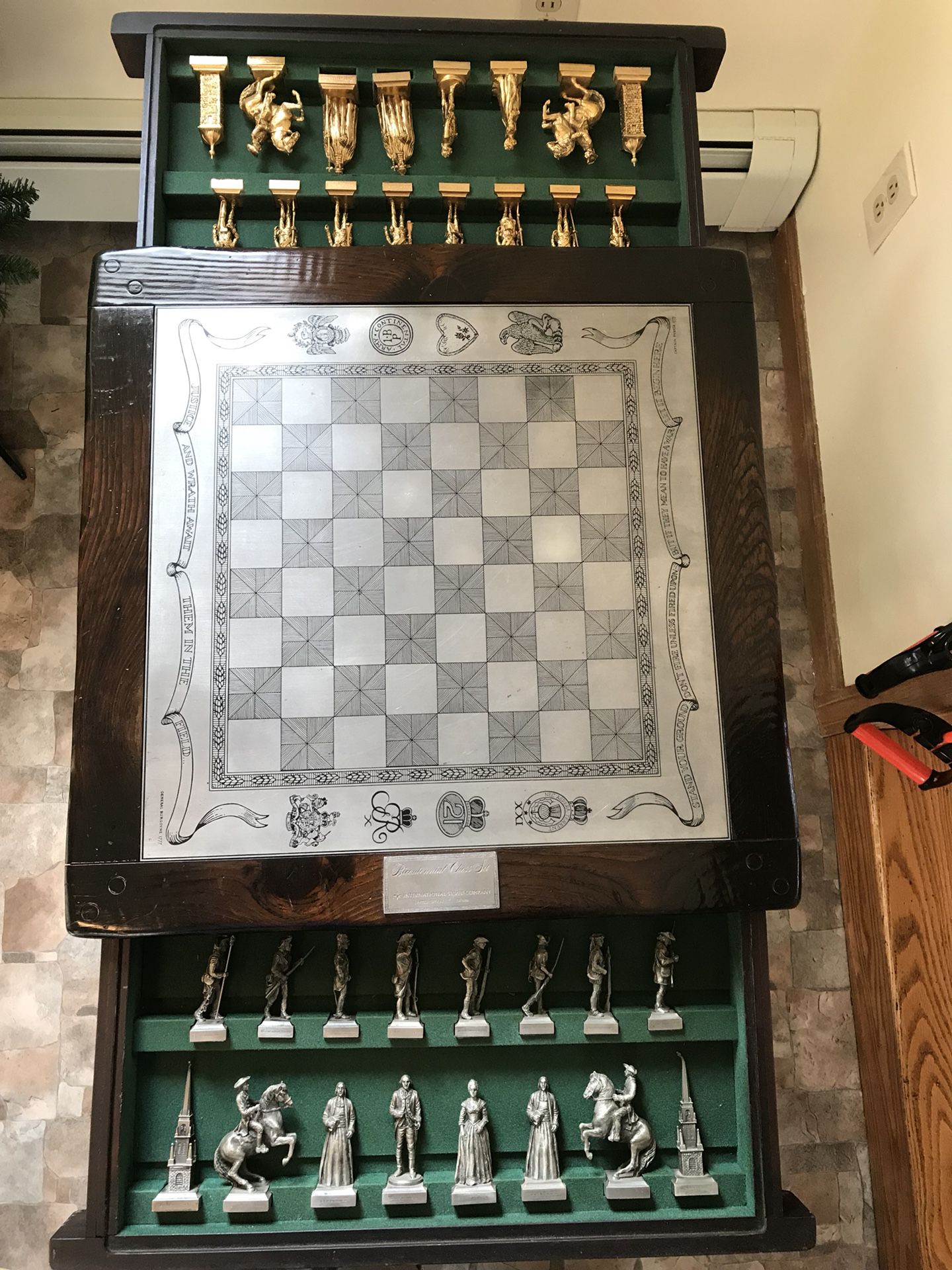 1776-1976 bicentennial chess set. One of 500 made by the international silver company in Wallingford number 317. Each piece is 4 inches high one side