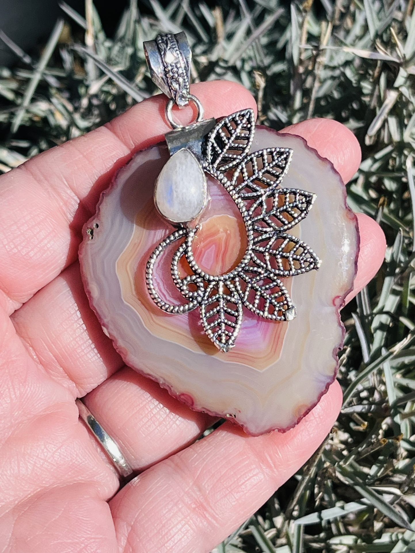 Gorgeous Unique Rainbow Moonstone & Solar Agate 2.5” Gemstone Necklace Pendant