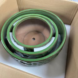 （A-8-2）Antique Green Set of 3 Mixed Size Outdoor Ceramic Plant Pots Stylish Ceramic Planters