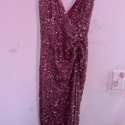 Rose Gold Sequin Deep V-Neck Evening Gown with Slit