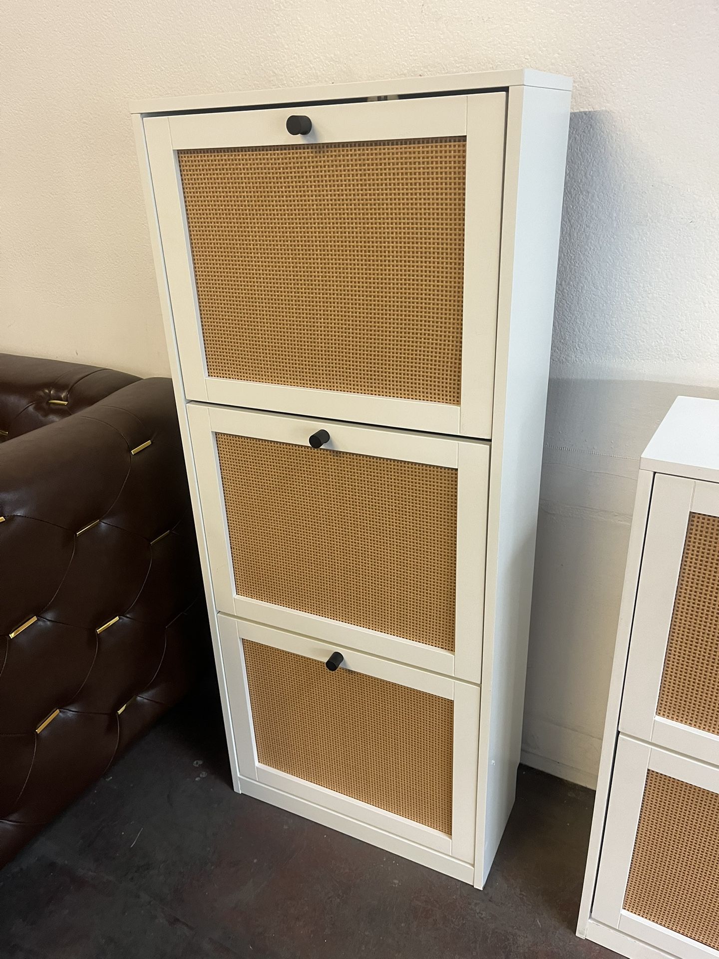 Rattan Shoe Cabinet, Entryway Cabinet Wooden Shoe Rack with 3 Flip Drawers, 3-Tier Shoe Storage Cabinet for Entryway Hallway, White